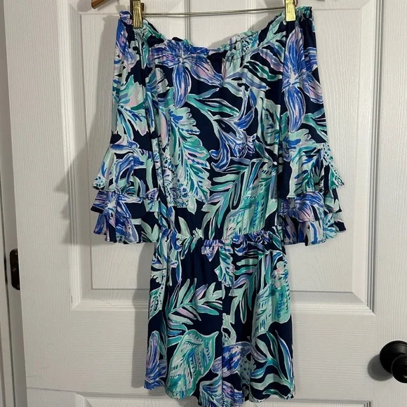 Lilly Pulitzer Calla off the shoulder romper, High Tide - Ready Set Gecko XXS - Picture 1 of 10